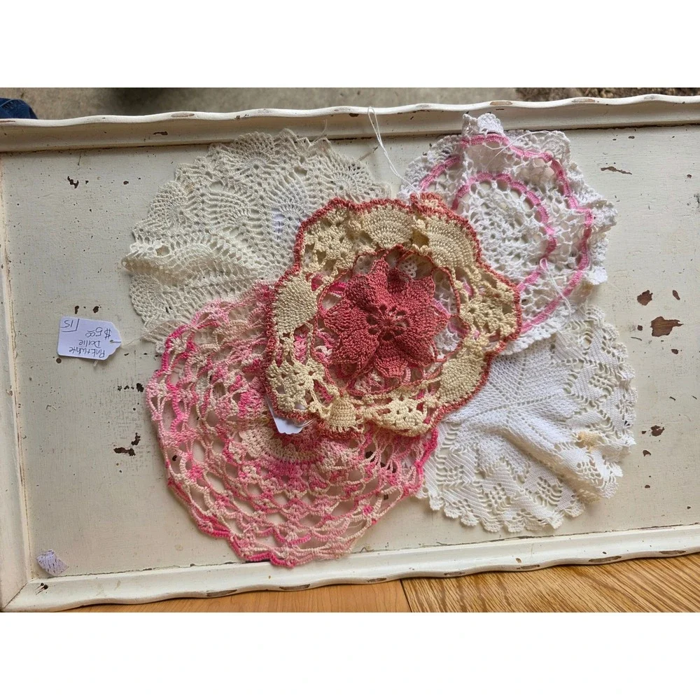 Lot of 5 Vintage Crochet Doilies Pink White Cream Lace Table Decor